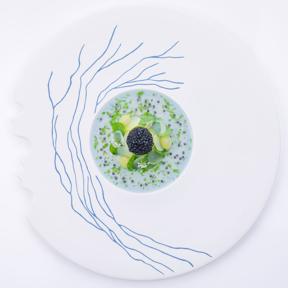 Caviar osciètre esturgeon cuit au bouillon, pomme Pompadour, oseille